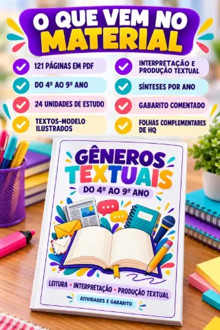Caderno de Gêneros Textuais do 4º ao 9º Ano — amostra 5: Apostila com 121 páginas para estudar características, exemplos,…