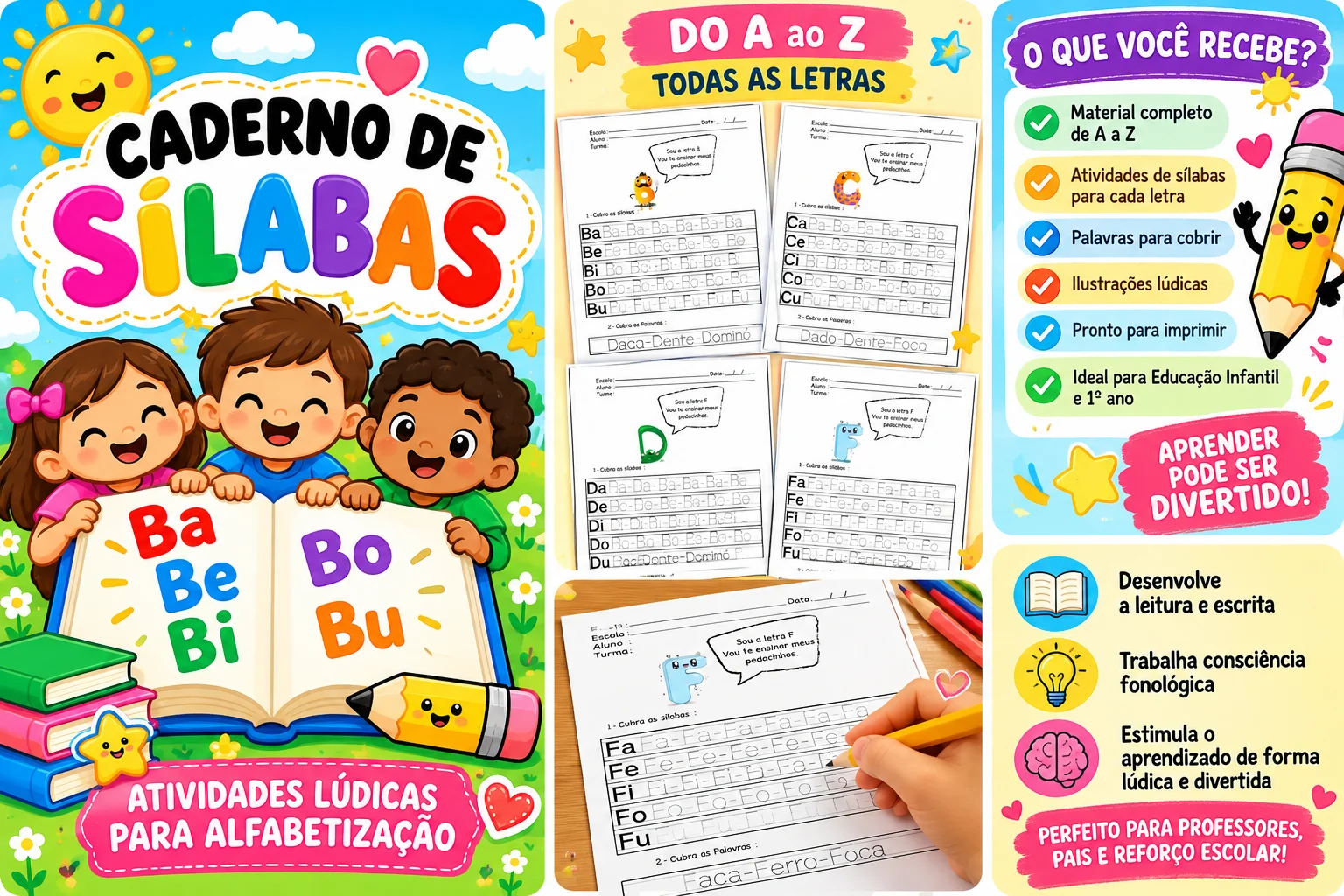 Caderno de Sílabas lúdico e colorido Fundamental Alfabetização PDF — amostra 2: Caderno de Sílabas lúdico e colorido, com…