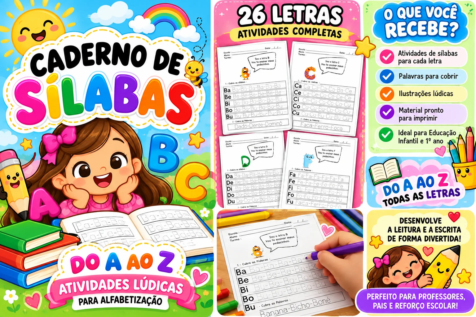 Caderno de Sílabas lúdico e colorido Fundamental Alfabetização PDF — capa do material