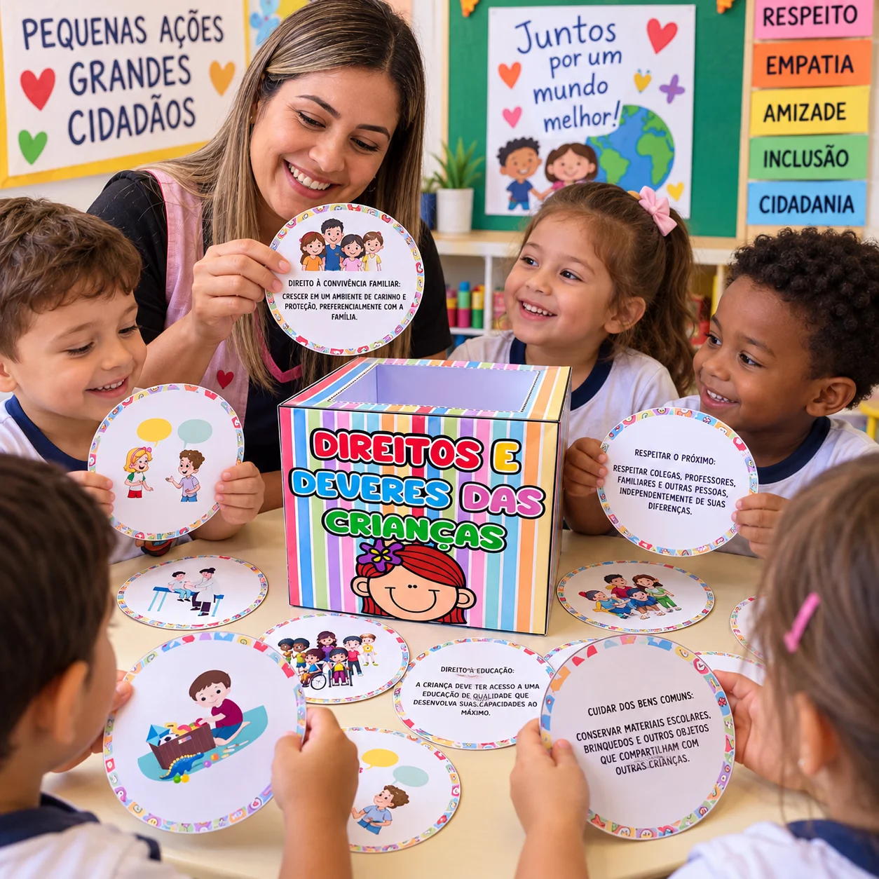 Caixa com cards ilustrativos: direitos e deveres das crianças — amostra 1: A Caixa Direitos e Deveres das Crianças é um…