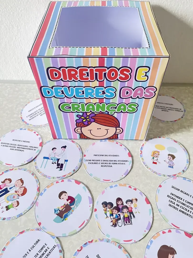 Caixa com cards ilustrativos: direitos e deveres das crianças — amostra 2: Cada ficha apresenta um direito ou dever…
