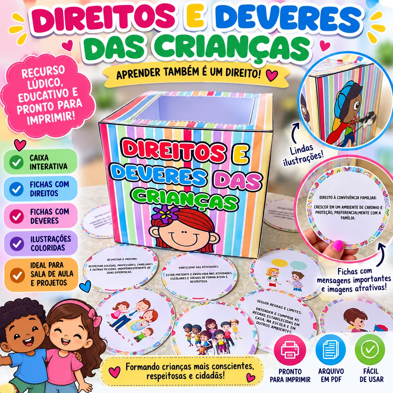 Caixa com cards ilustrativos: direitos e deveres das crianças — Alfabetização para Educação Infantil: Recurso lúdico e…