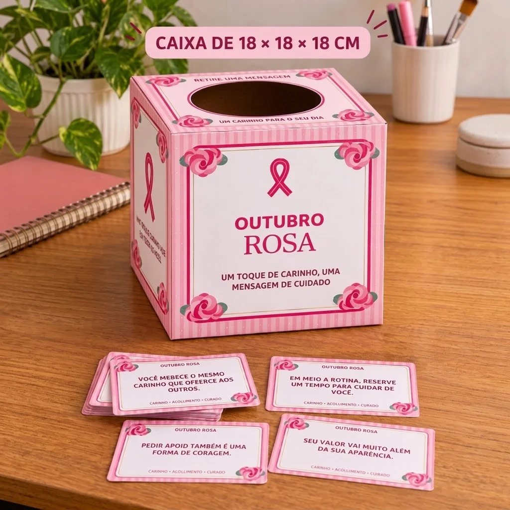 Caixa de Mensagens Outubro Rosa – 40 Cartões — amostra 6: Caixa temática de Outubro Rosa com 40 mensagens de carinho,… Caixa de Mensagens Outubro Rosa – 40 Cartões — amostra 6: Caixa temática de Outubro Rosa com 40 mensagens de carinho,…