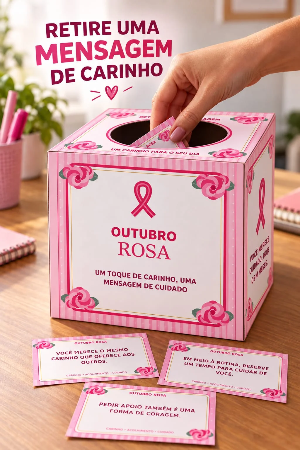 Caixa de Mensagens Outubro Rosa – 40 Cartões em PDF — amostra 5: Caixa de Mensagens Outubro Rosa com 40 cartões, molde 18 ×…