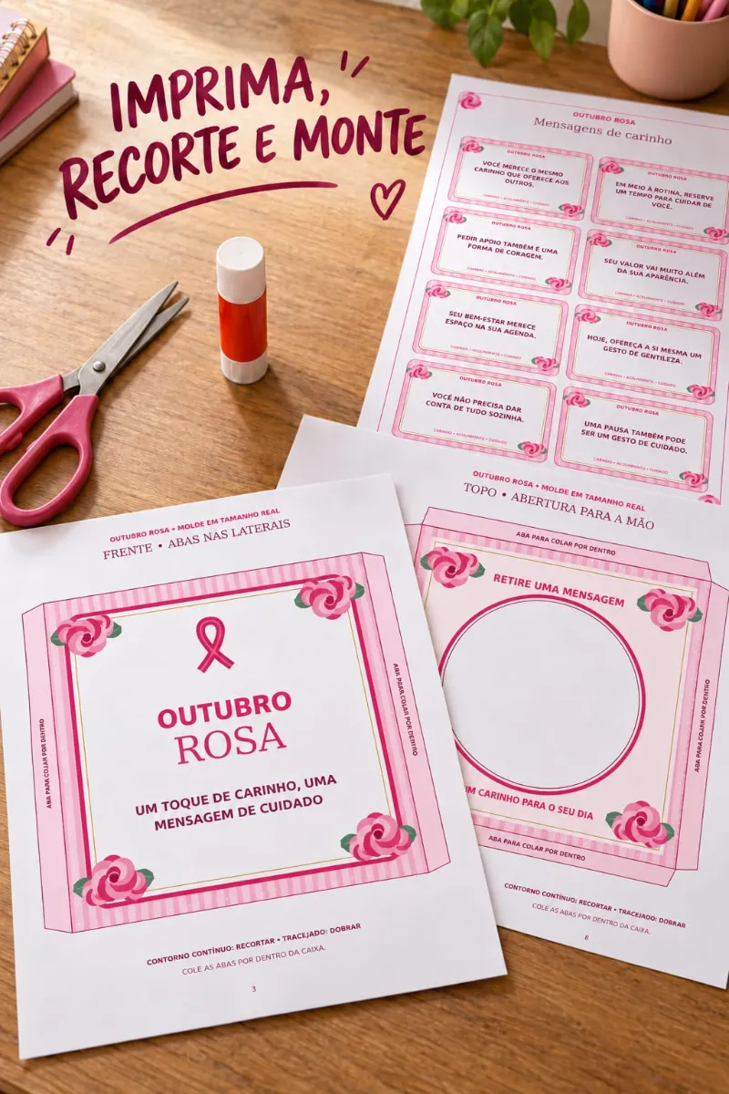 Caixa de Mensagens Outubro Rosa – 40 Cartões em PDF — amostra 1: Caixa de Mensagens Outubro Rosa com 40 cartões, molde 18 ×…