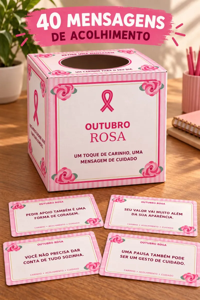 Caixa de Mensagens Outubro Rosa – 40 Cartões em PDF — amostra 2: Caixa de Mensagens Outubro Rosa com 40 cartões, molde 18 ×…