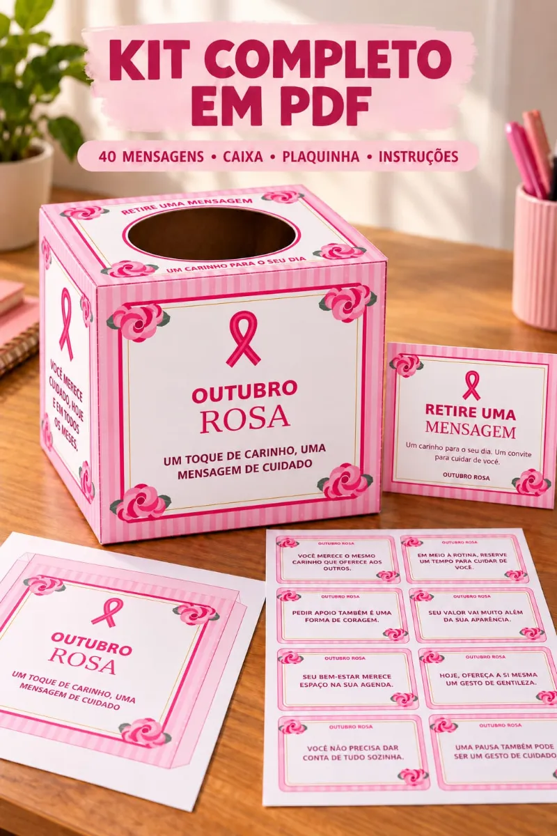 Caixa de Mensagens Outubro Rosa – 40 Cartões em PDF — amostra 3: Caixa de Mensagens Outubro Rosa com 40 cartões, molde 18 ×…