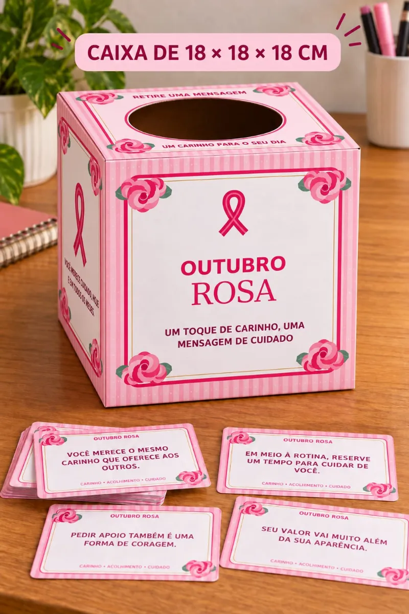 Caixa de Mensagens Outubro Rosa – 40 Cartões em PDF — amostra 4: Caixa de Mensagens Outubro Rosa com 40 cartões, molde 18 ×…