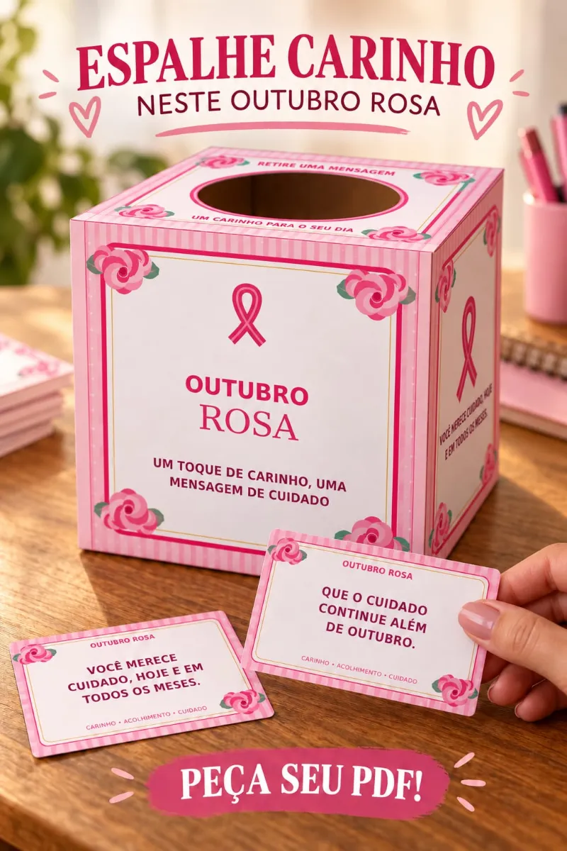 Caixa de Mensagens Outubro Rosa – 40 Cartões em PDF — amostra 6: Caixa de Mensagens Outubro Rosa com 40 cartões, molde 18 ×…