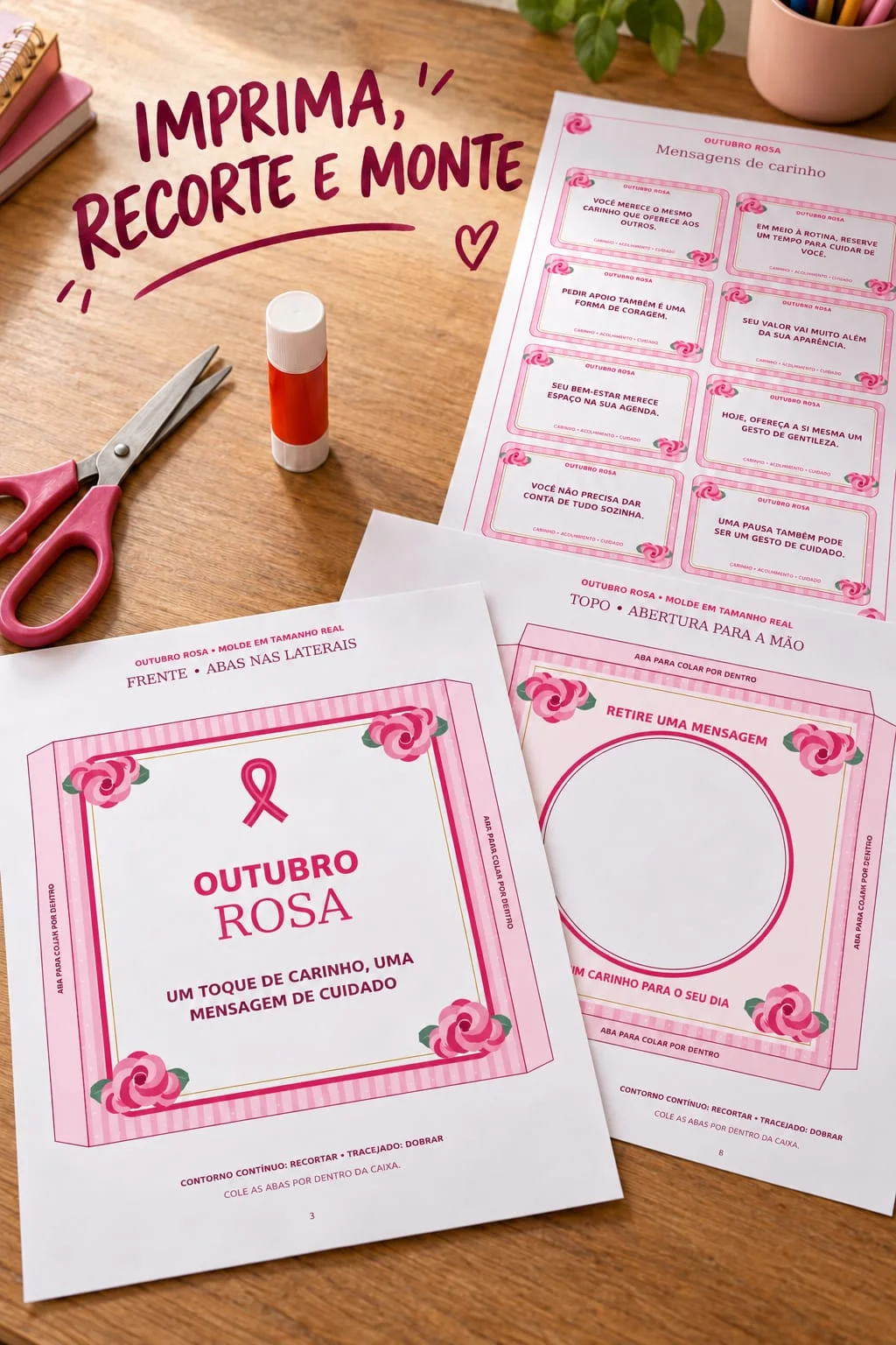 Caixa de Mensagens Outubro Rosa para Imprimir — amostra 1: Um toque de carinho, uma mensagem de cuidado!