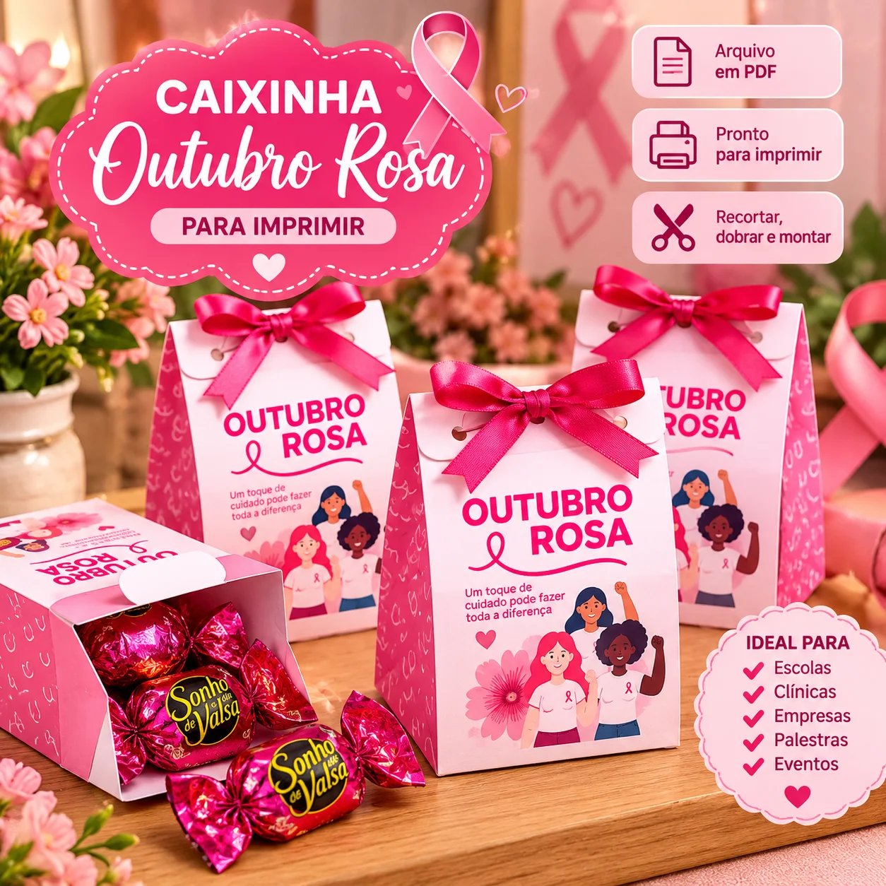 Caixinha Outubro Rosa para Imprimir – Lembrancinha em PDF — amostra 3: Caixinha Outubro Rosa em PDF para imprimir