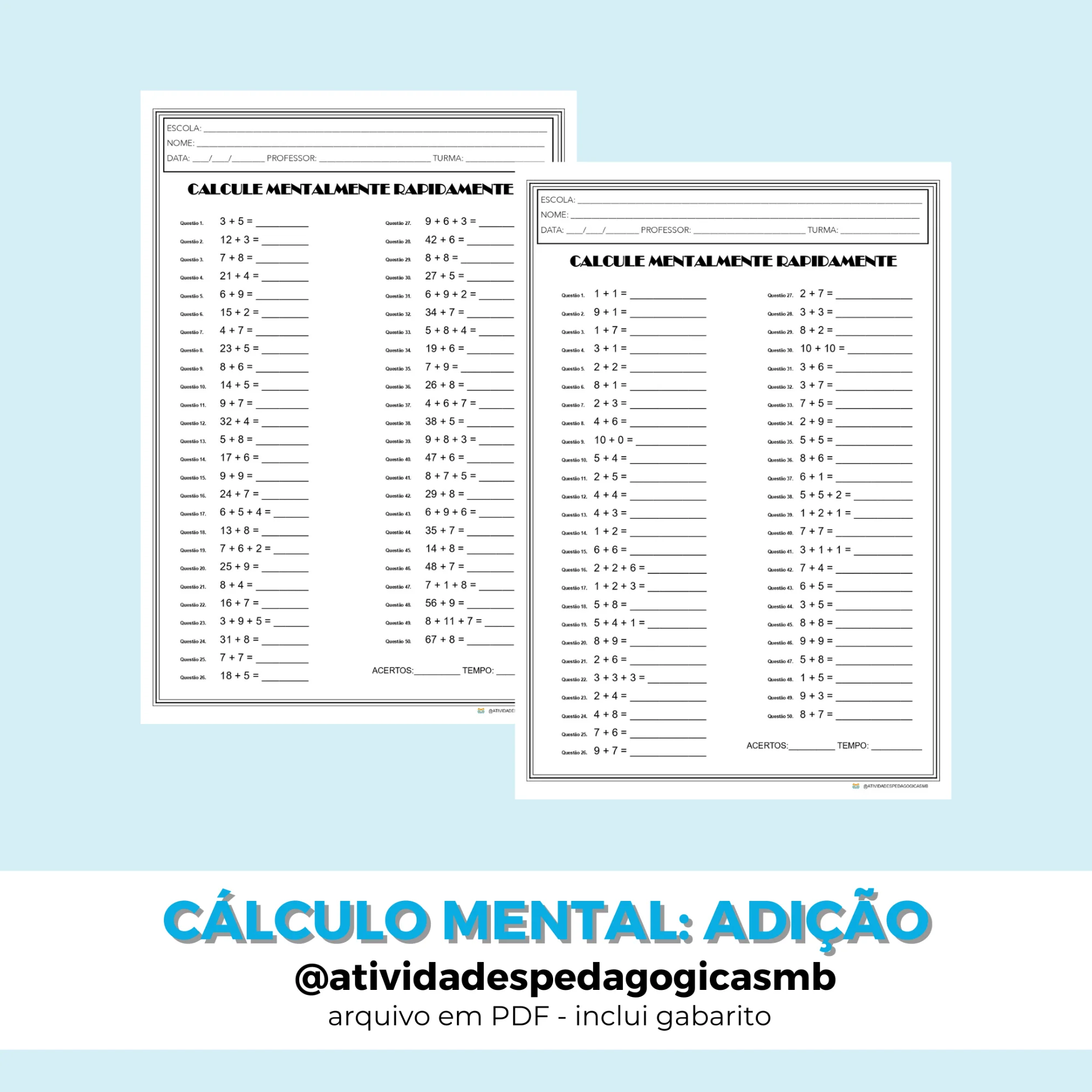 Cálculo Mental de Adição - NÚMEROS (PDF) — Matemática para 4º ano: Atividades de cálculo mental de adição para o 4º ano e…