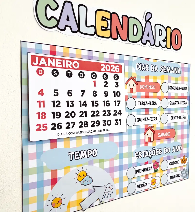 Calendário 2026 para imprimir: painel para a rotina escolar — amostra 2: O que vem no material