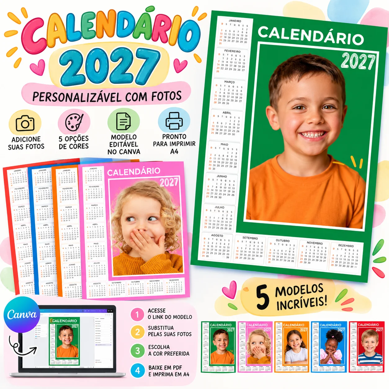 Calendário 2027 com Foto da Criança | Editável no Canva — amostra 1: Descrição completa