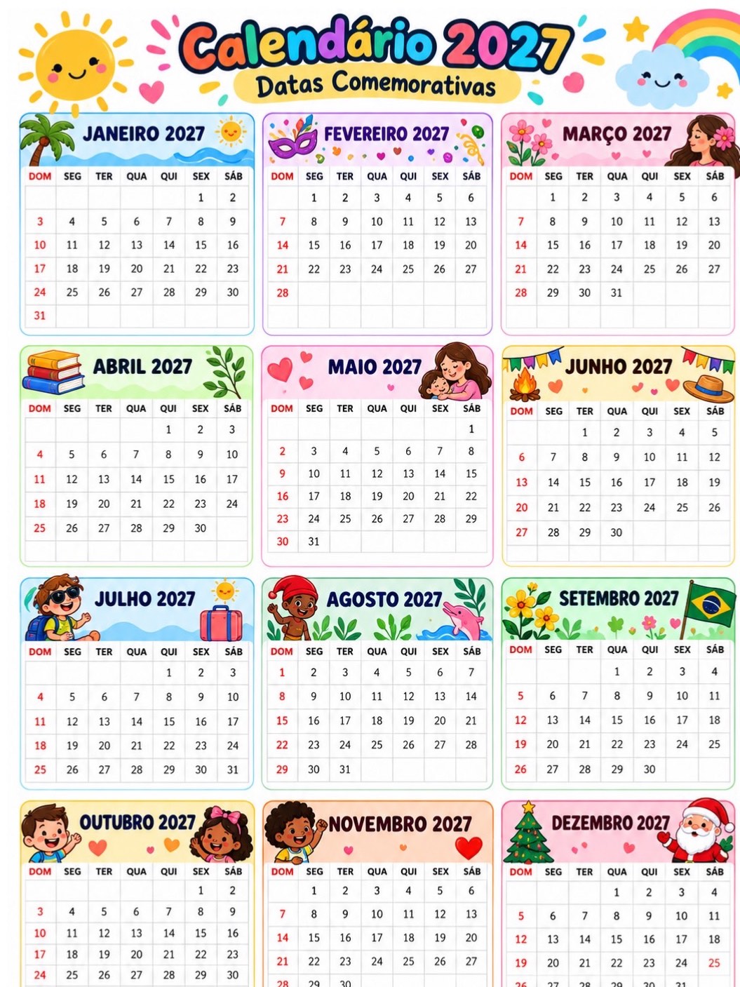Calendário 2027 para Imprimir – 12 Meses em Uma Folha A4 — amostra 1: Calendário 2027 colorido e temático, com os 12 meses…