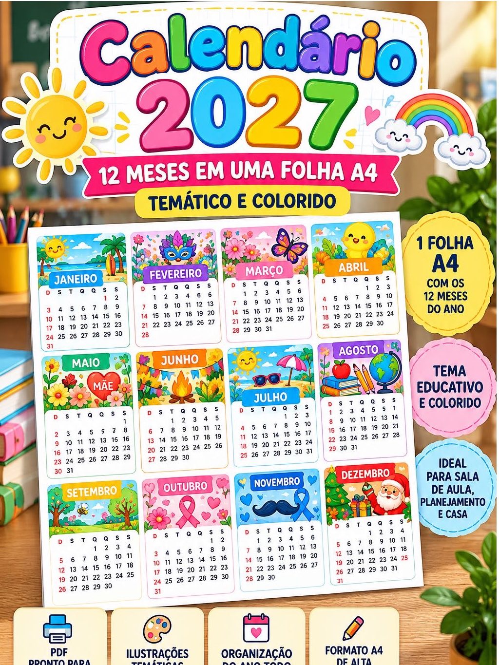 Calendário 2027 para Imprimir – 12 Meses em Uma Folha A4 — amostra 2: Calendário 2027 colorido e temático, com os 12 meses…