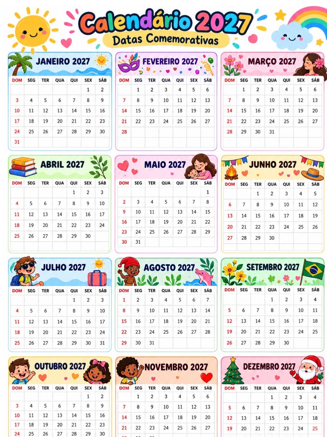 Calendário 2027 para Imprimir – 12 Meses em Uma Folha A4 — amostra 3: Calendário 2027 colorido e temático, com os 12 meses…