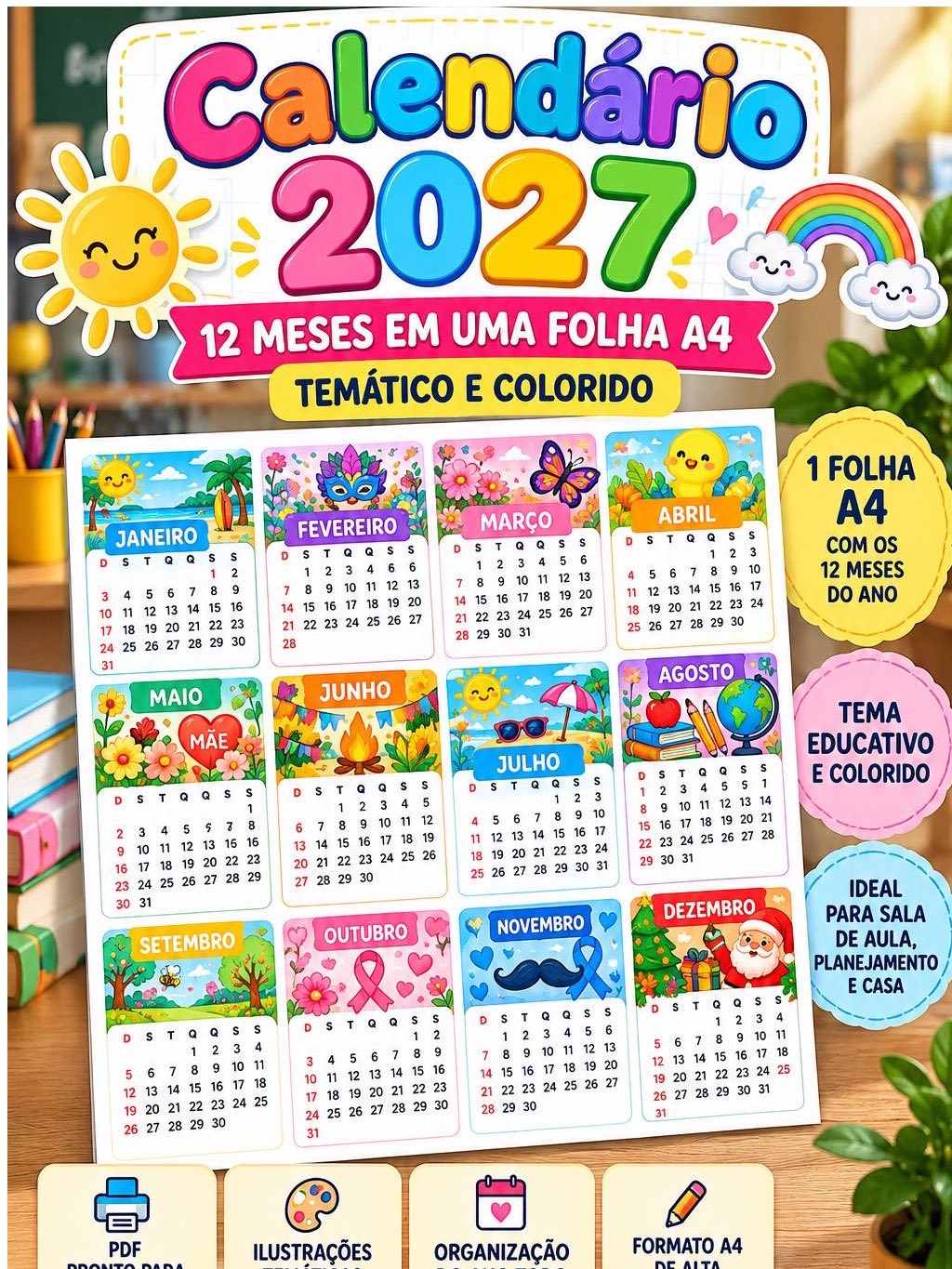 Calendário 2027 para Imprimir – 12 Meses em Uma Folha A4 — Alfabetização para Educação Infantil: Calendário 2027 colorido e…