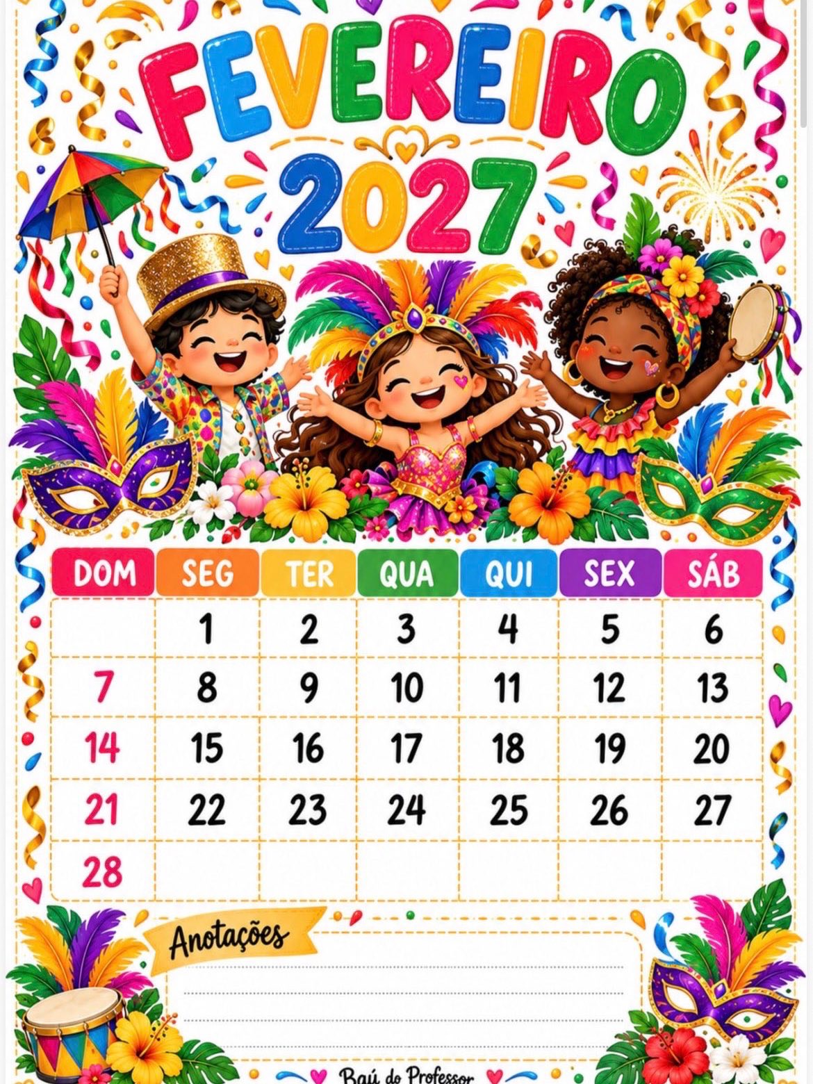 Calendário 2027 para Imprimir – Datas Comemorativas Escolar — amostra 2: Calendário Escolar 2027 ilustrado com datas…