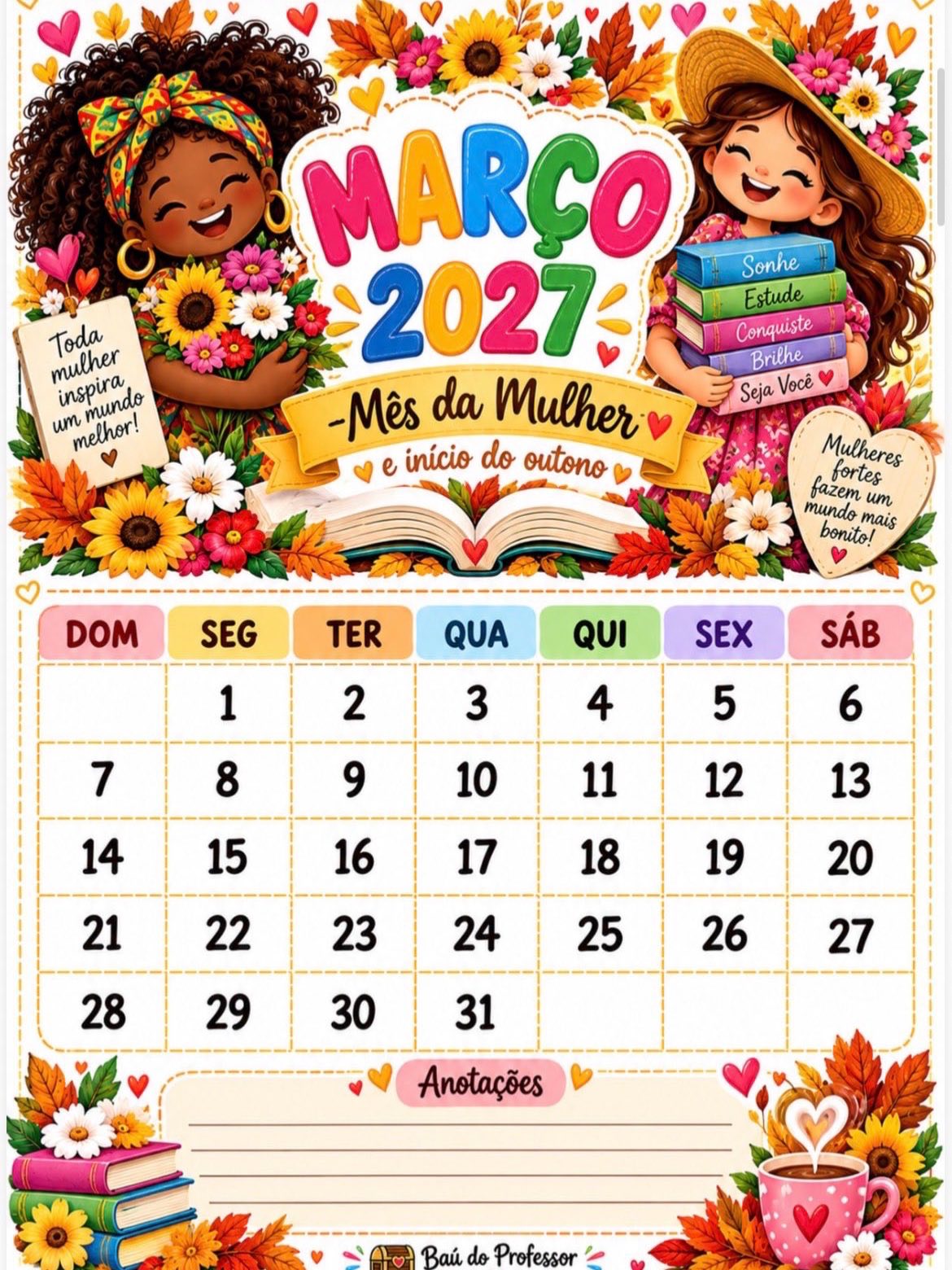 Calendário 2027 para Imprimir – Datas Comemorativas Escolar — amostra 3: Calendário Escolar 2027 ilustrado com datas…