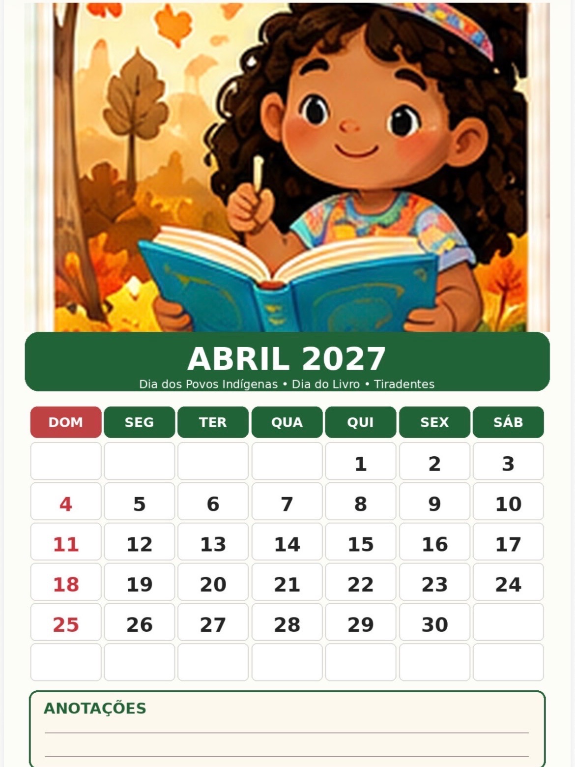 Calendário 2027 para Imprimir – Datas Comemorativas Escolar — amostra 4: Calendário Escolar 2027 ilustrado com datas…