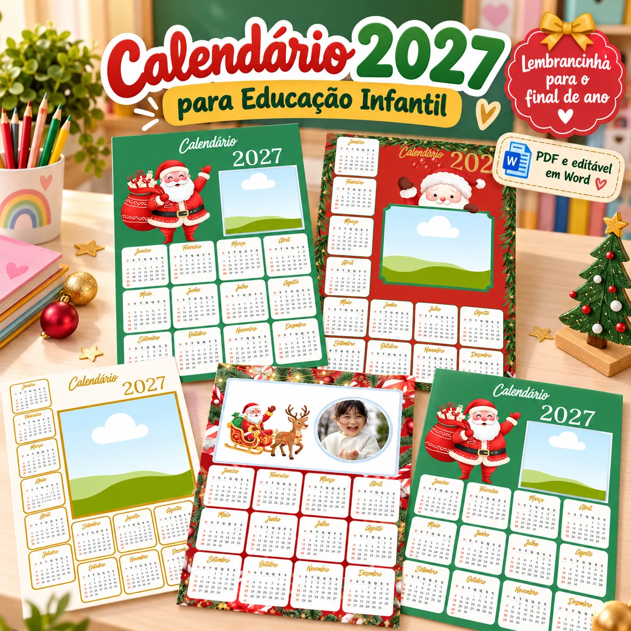 Calendário 2027 para Imprimir – Natal com Foto Editável no Word — amostra 1: Calendário 2027 para Imprimir – Natal com Foto…