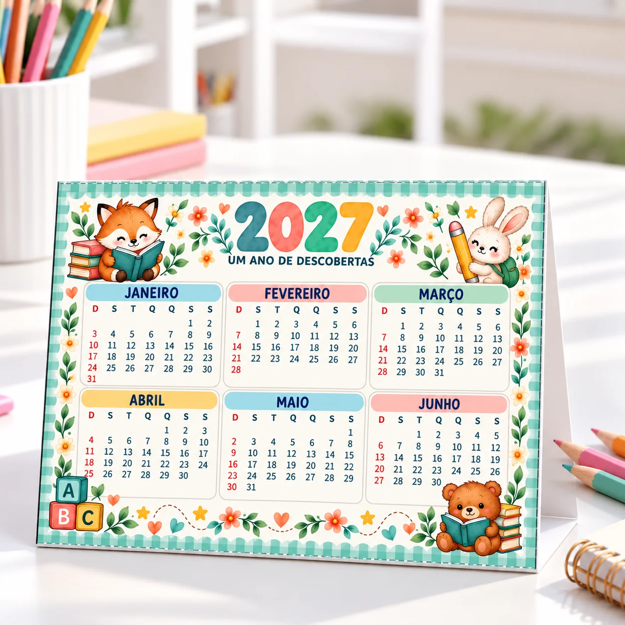 Calendário de Mesa 2027 para Imprimir – 2 Modelo Infantil em PDF — amostra 1: Calendário de Mesa 2027 para Imprimir –…