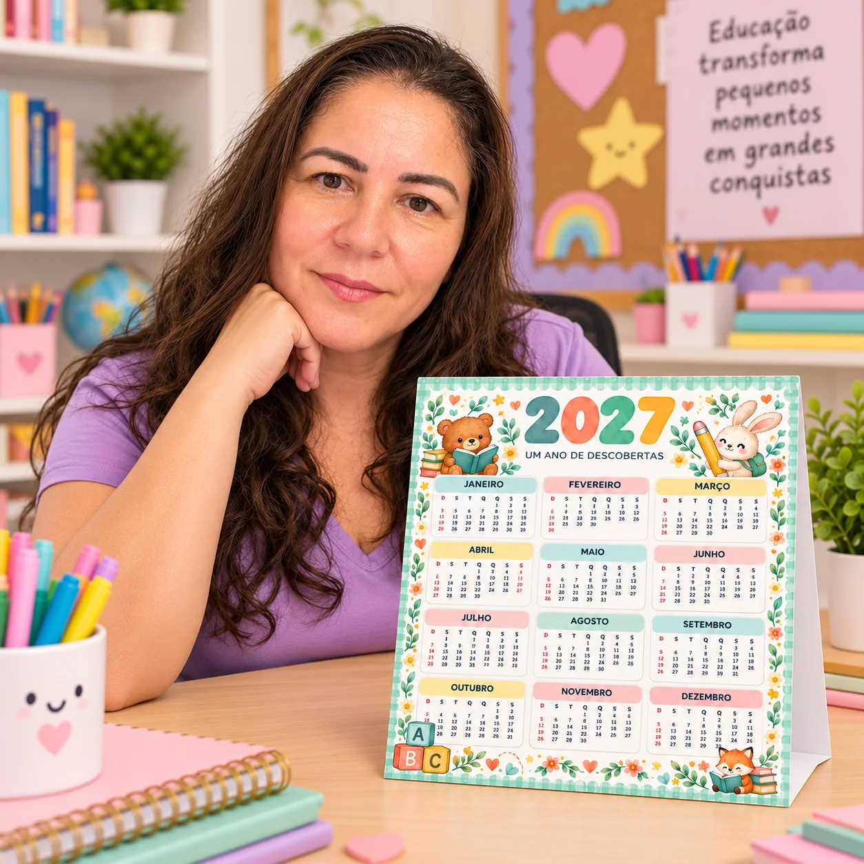 Calendário de Mesa 2027 para Imprimir – 2 Modelo Infantil em PDF — amostra 3: Onde utilizar?