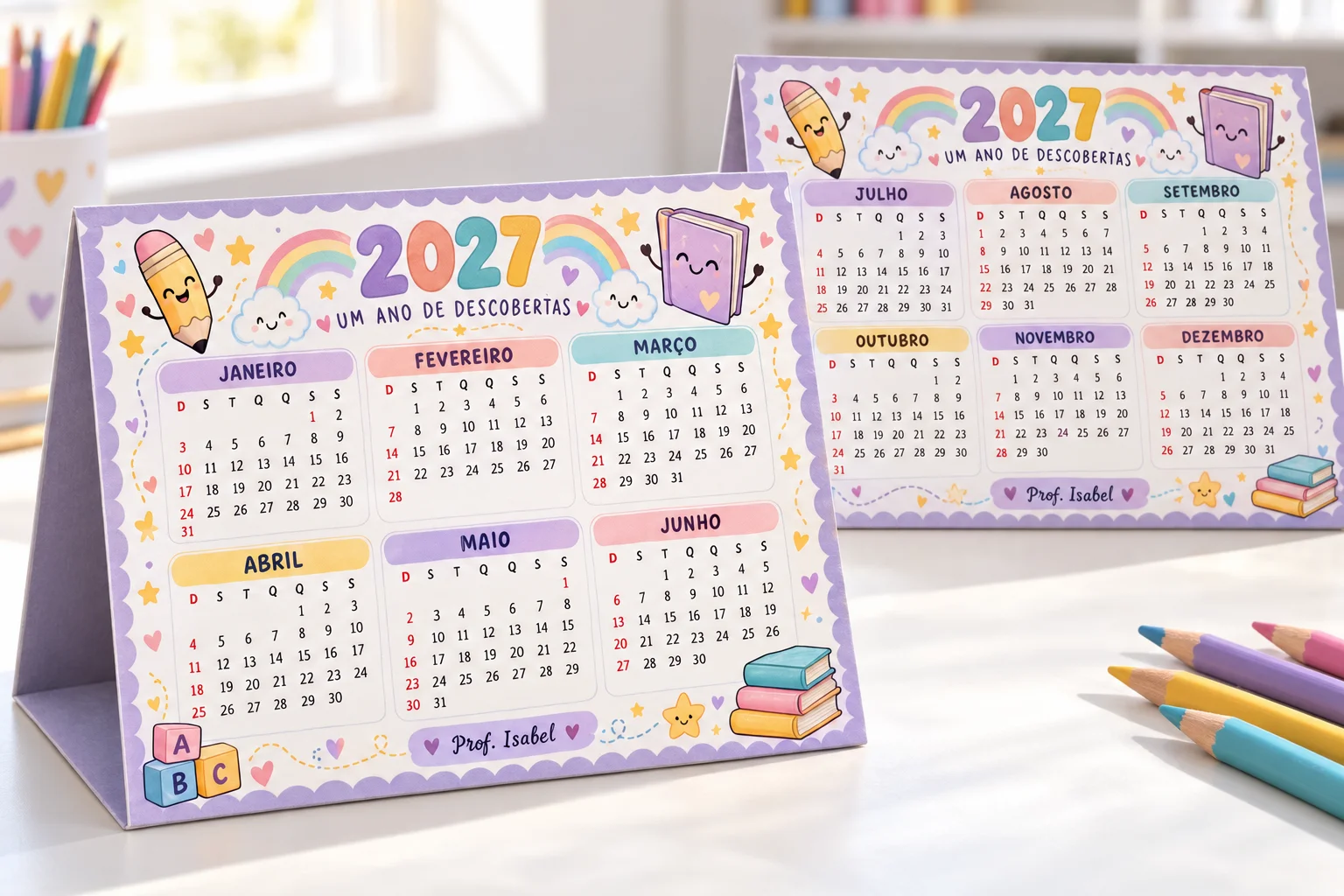 Calendário de Mesa 2027 para Imprimir – 2 Modelo Infantil em PDF — Datas comemorativas para Todas as séries: Calendário de…