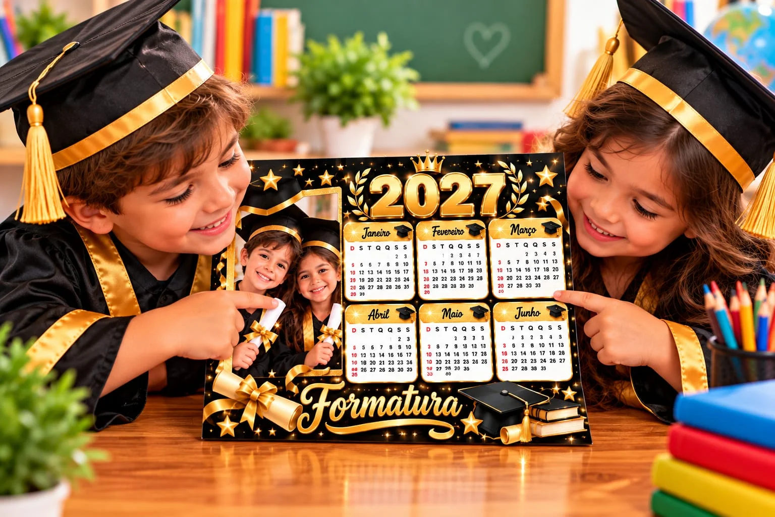 Calendário de Mesa 2027 Tema Formatura em PDF pronto para imprimir — amostra 1: Calendário de mesa 2027 com tema formatura,…