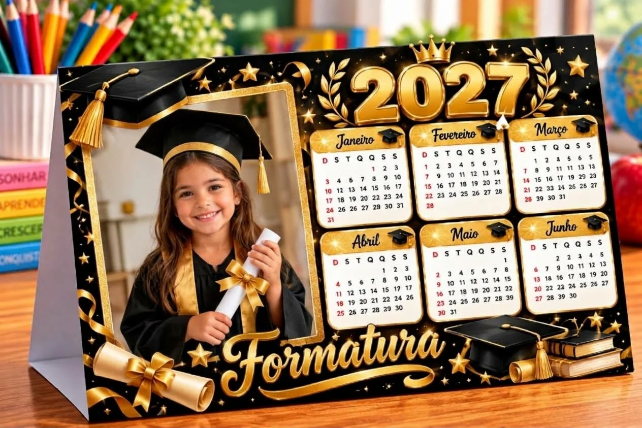 Calendário de Mesa 2027 Tema Formatura em PDF pronto para imprimir — amostra 3: Calendário de mesa 2027 com tema formatura,…