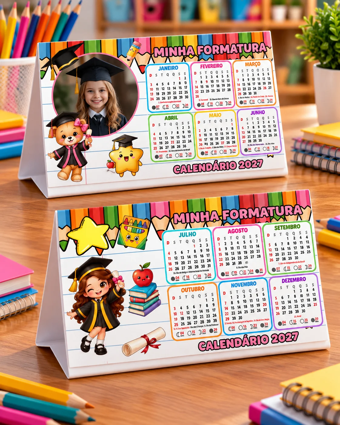 CALENDÁRIO DE MESA FORMATURA – EDITÁVEL NO CANVA — amostra 1: Celebre essa conquista tão especial com calendários de mesa…