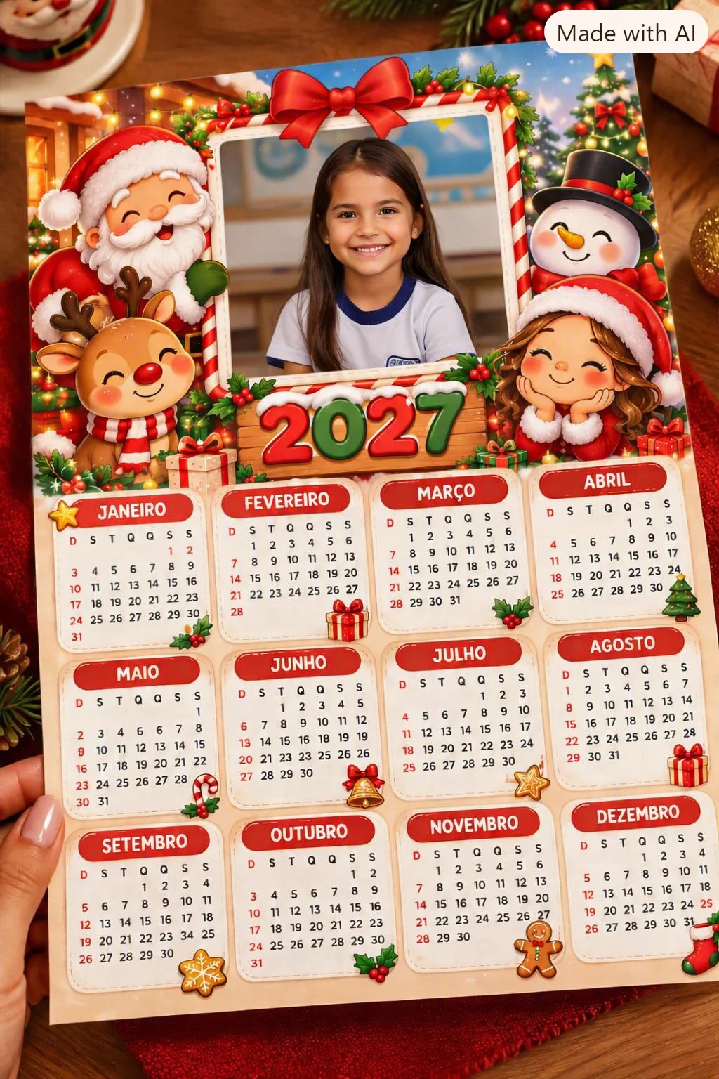 Calendário de Natal 2027 Editável para Imprimir — amostra 1: Calendário natalino editável de 2027 com espaço para fotos da…
