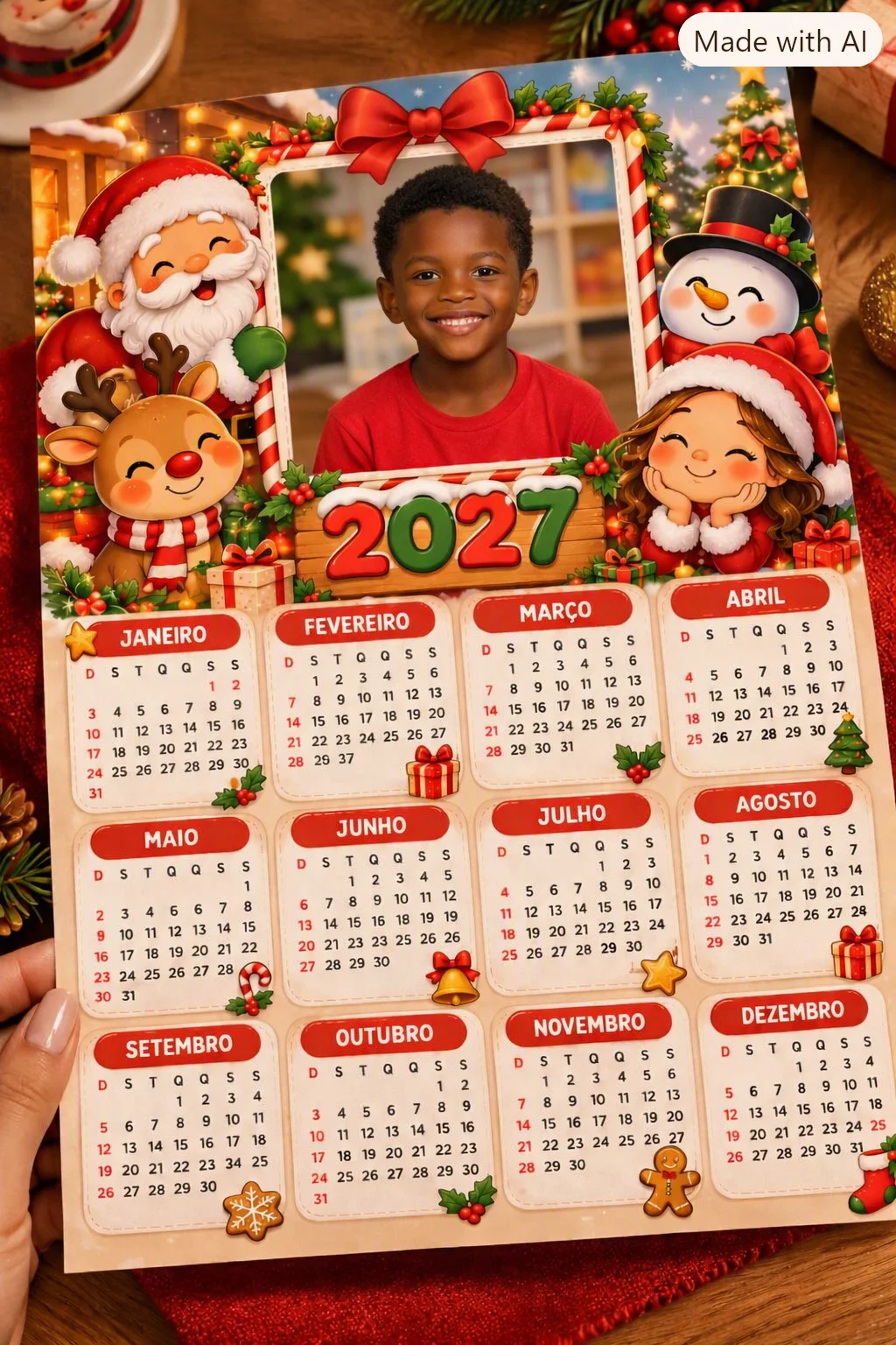 Calendário de Natal 2027 Editável para Imprimir — amostra 2: Calendário natalino editável de 2027 com espaço para fotos da…