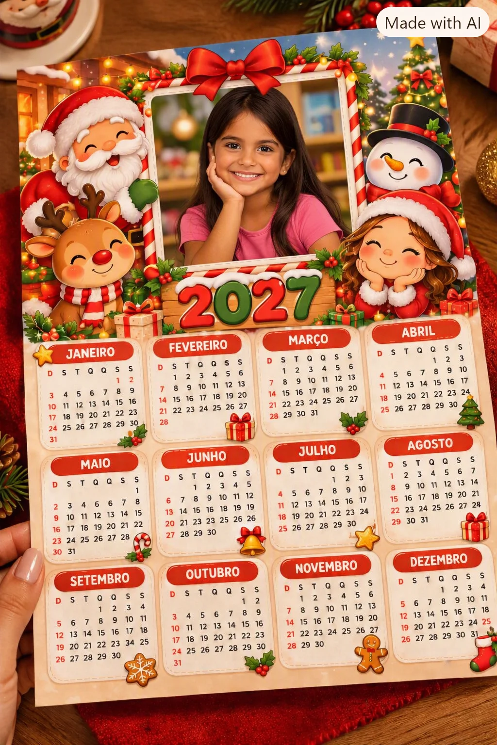 Calendário de Natal 2027 Editável para Imprimir — amostra 3: Calendário natalino editável de 2027 com espaço para fotos da…