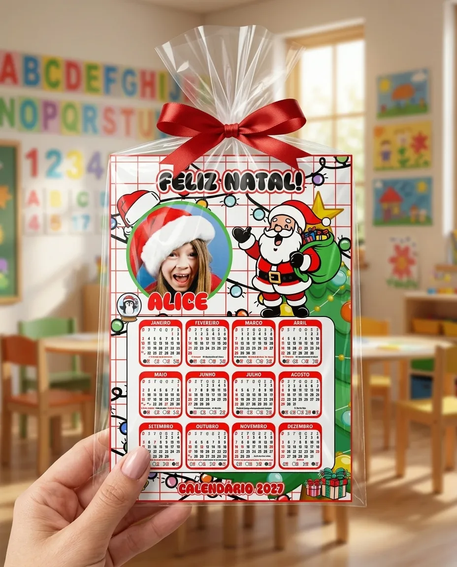 Calendário de Natal Personalizado com Foto – editável Canva — amostra 1: Calendário de Natal com foto da criança