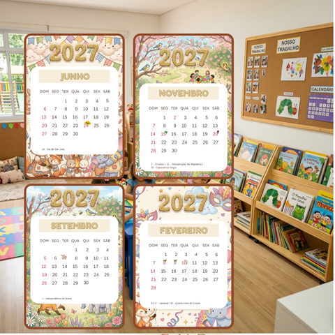 Calendário Escolar 2027 Infantil PDF para Imprimir — amostra 1: Versão 2 em 1 (Bicultural):