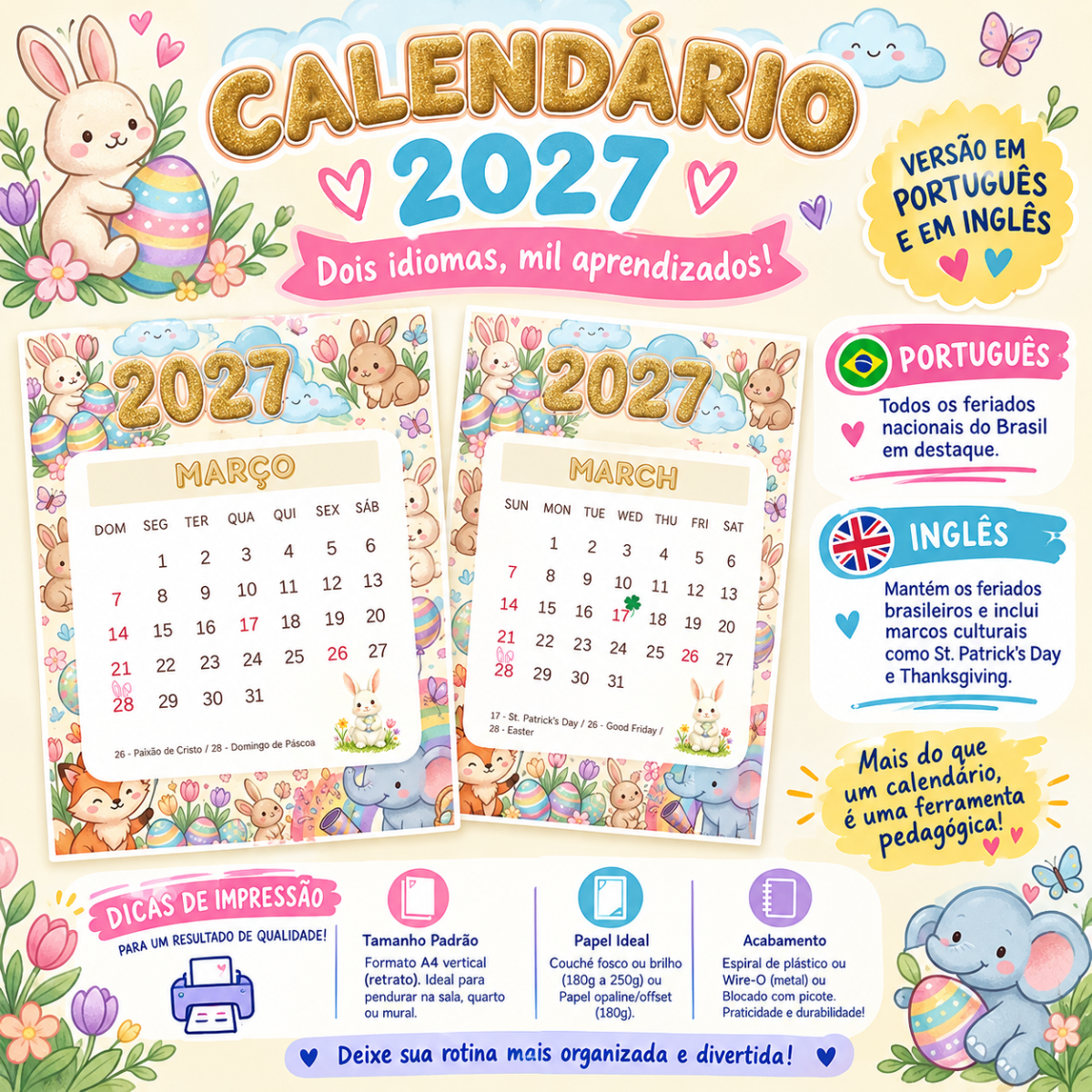 Calendário Escolar 2027 Infantil PDF para Imprimir — Planners e organização para Ensino Fundamental I (1º–5º): Calendário…