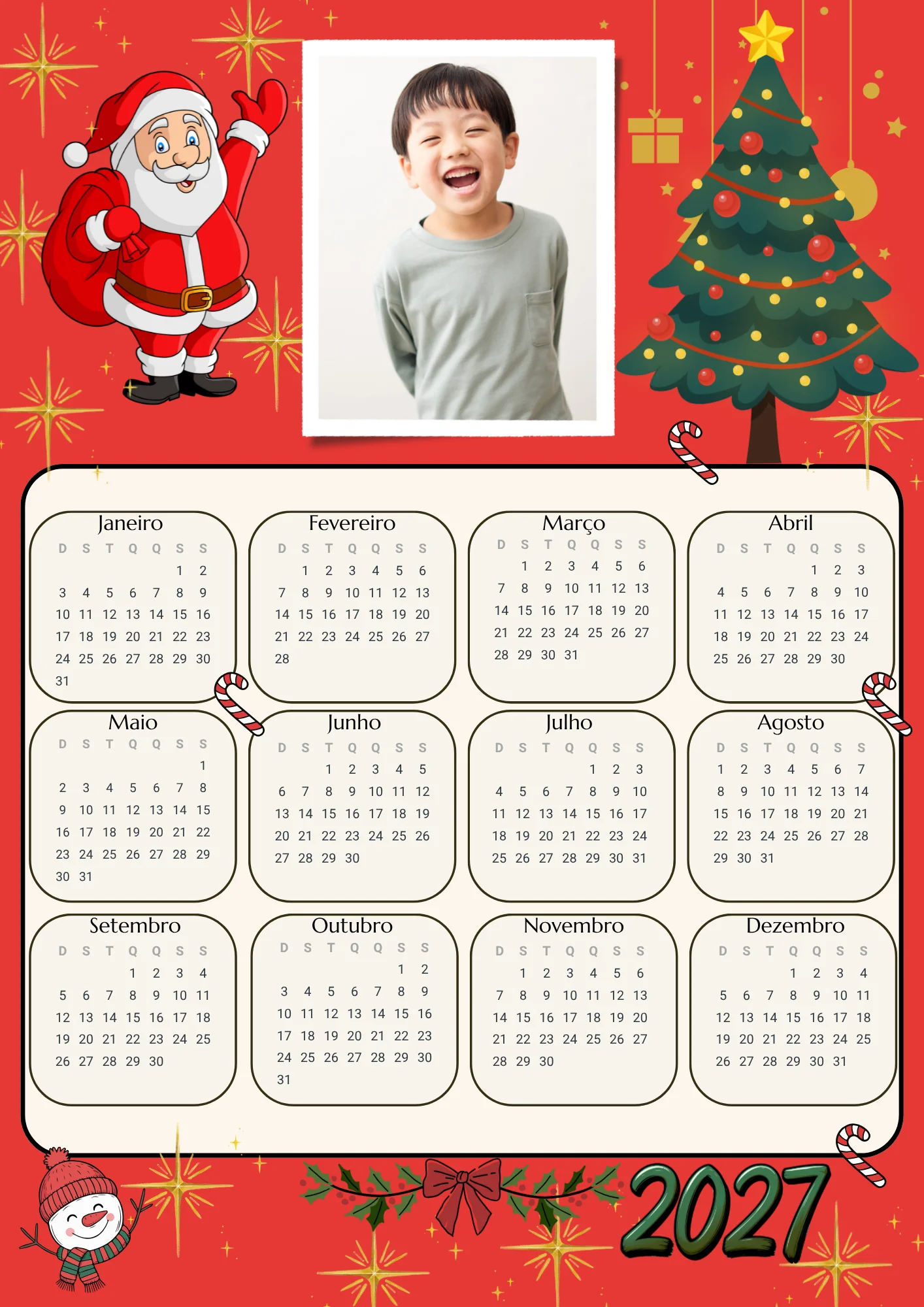 Calendário Natalino 2027 - Personalizável no Canva — amostra 3: Crie seu calendário natalino 2027 personalizado Calendário Natalino 2027 - Personalizável no Canva — amostra 3: Crie seu calendário natalino 2027 personalizado