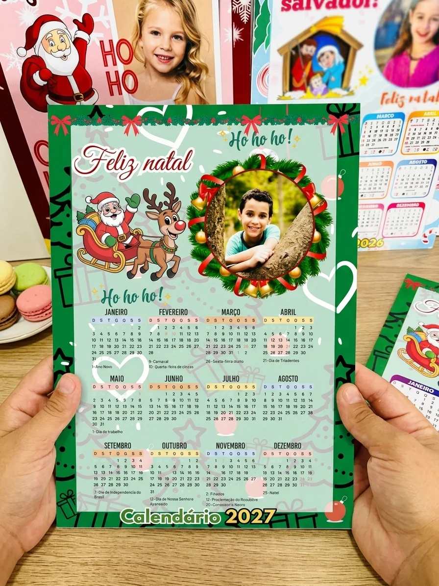 Calendário Natalino 2027 editável no Canva – com Foto — amostra 2: Três modelos de calendários natalinos 2027 para…