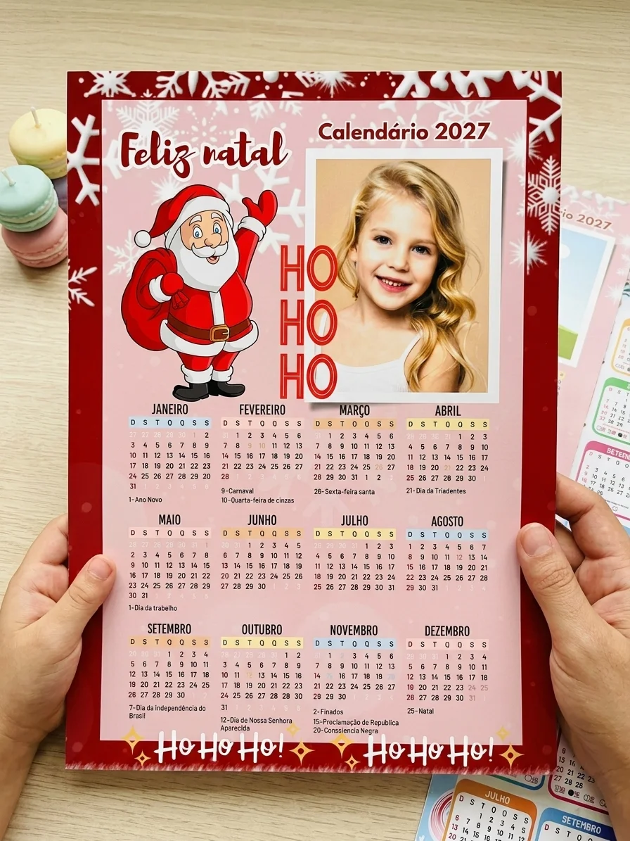 Calendário Natalino 2027 editável no Canva – com Foto — amostra 3: Três modelos de calendários natalinos 2027 para…