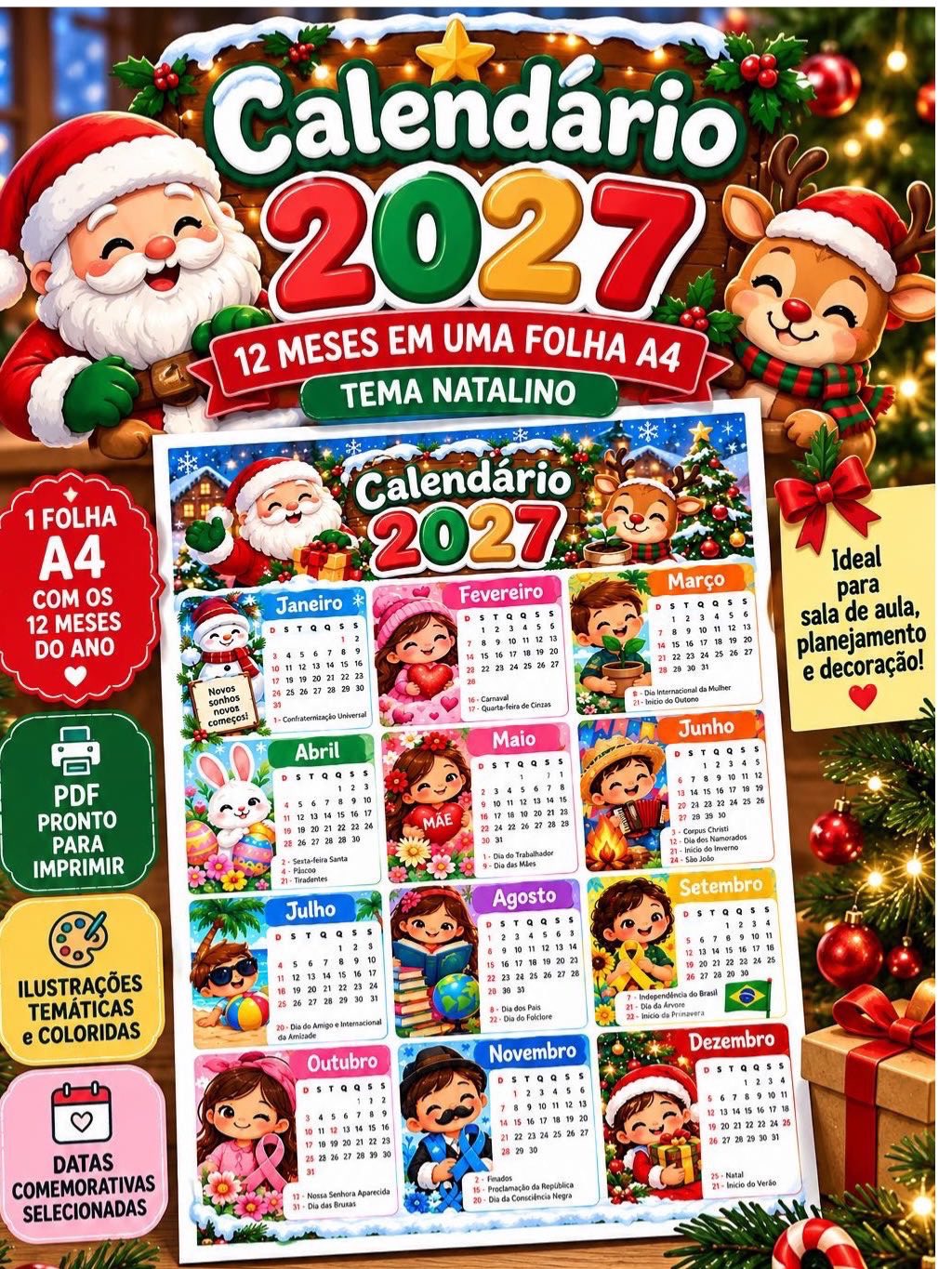 Calendário Natalino 2027 para Imprimir – 12 Meses em A4 — capa do material