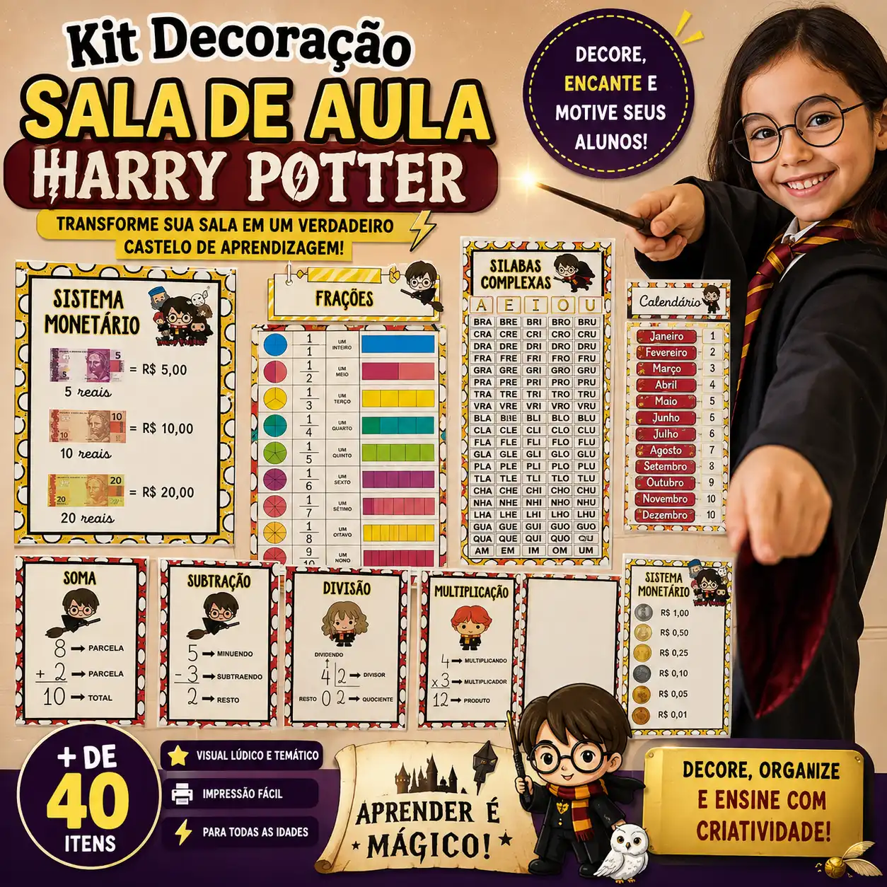 🪄✨ CANTINHO DA MATEMÁTICA – TEMA HARRY POTTER ⚡📚 — Alfabetização para Todas as séries: O Kit Cantinho da Matemática reúne…