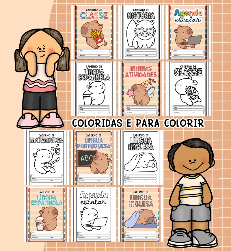 Capas para Caderno Capivara: Kit Colorido e para Colorir — amostra 1: Capas para caderno com tema capivara