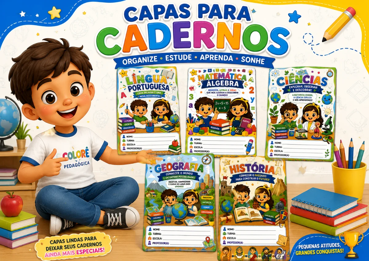 📚✨ CAPAS PARA CADERNOS — KIT COM 5 DISCIPLINAS ✨📚 — Alfabetização para Educação Infantil: 📚✨ CAPAS PARA CADERNOS — KIT…