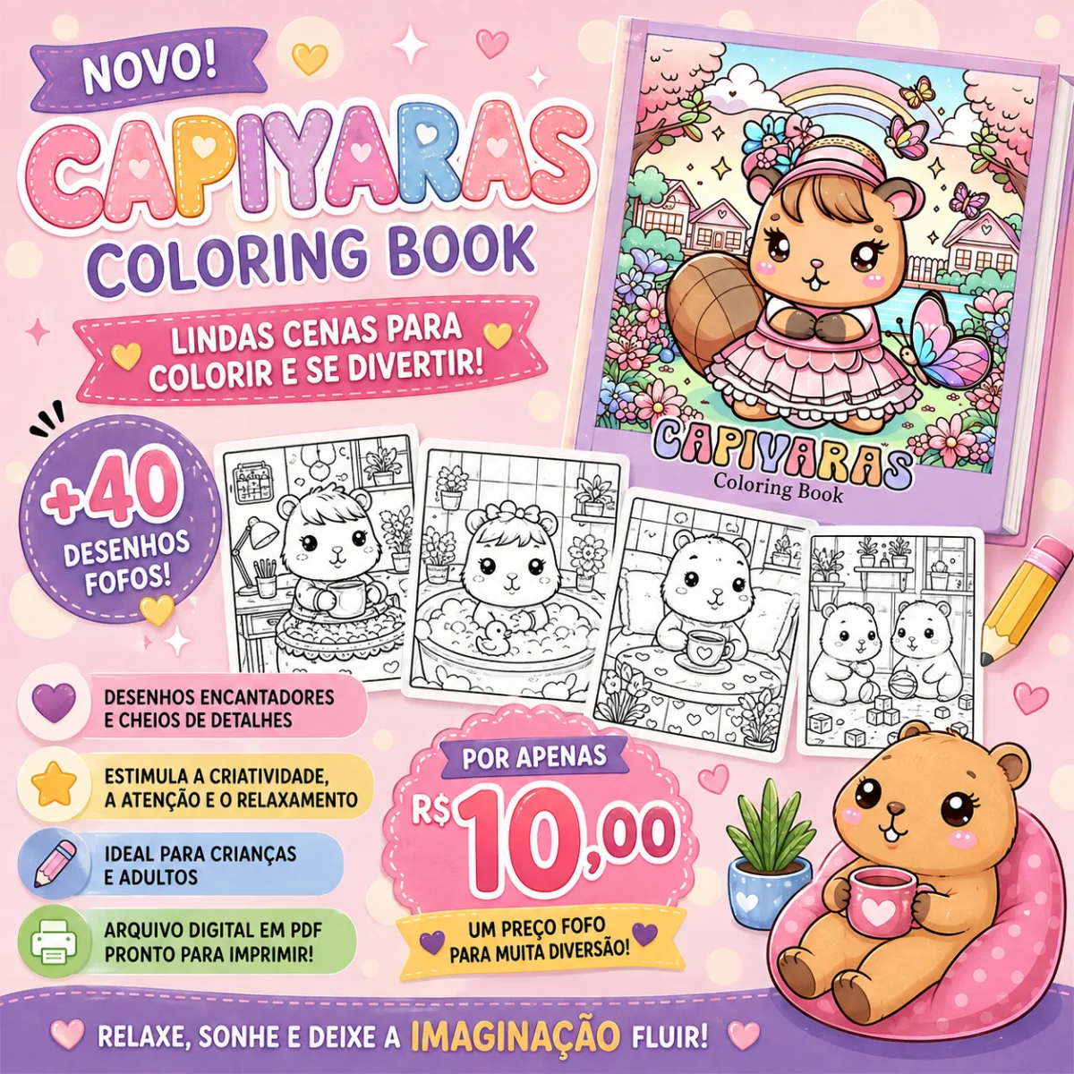 🌸 CAPIVARAS PARA COLORIR – FOFURA EM CADA PÁGINA! 🎨💕 — capa do material