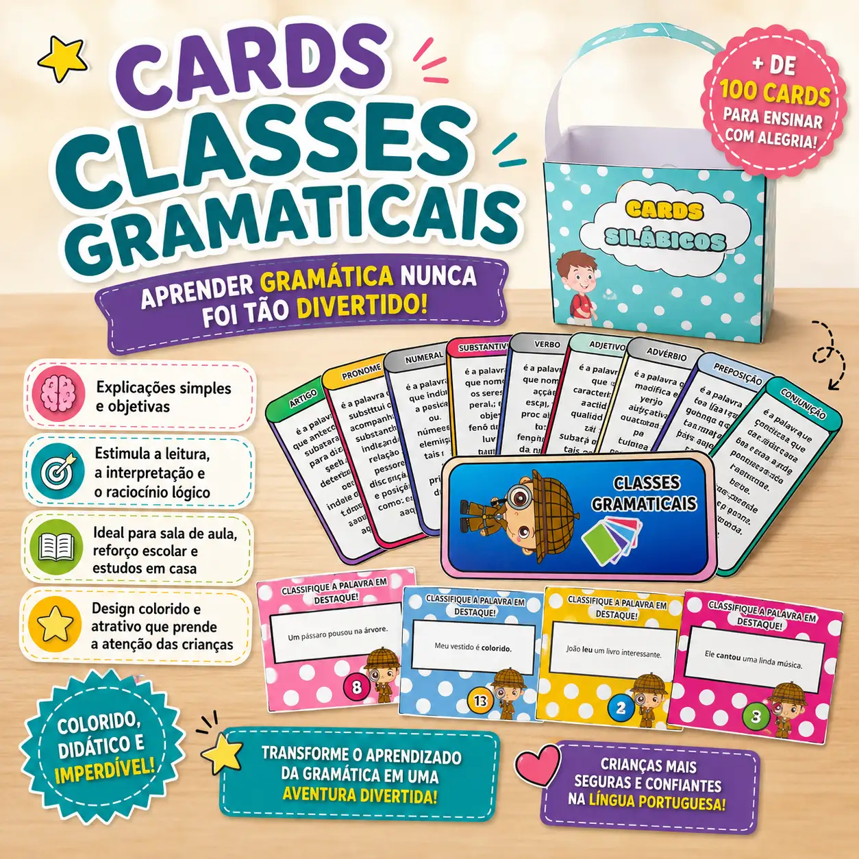 CARDS DAS CLASSES GRAMATICAIS ALFABETIZAÇÃO — capa do material