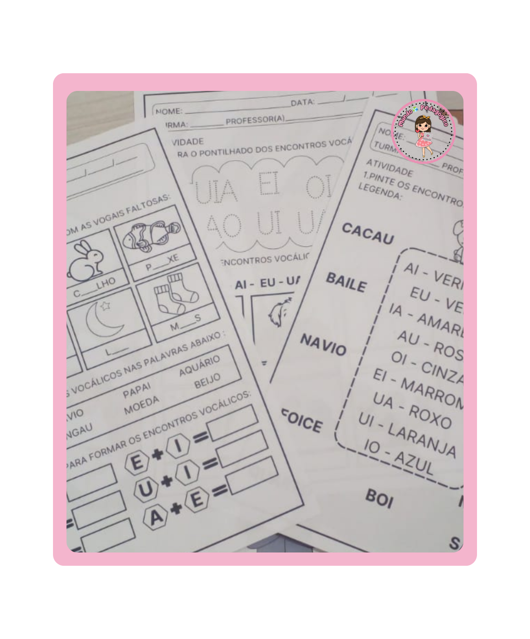Cards de encontros vocálicos para imprimir — amostra 5: Tenha à mão 12 cards e 3 folhas de atividades em PDF para explorar…