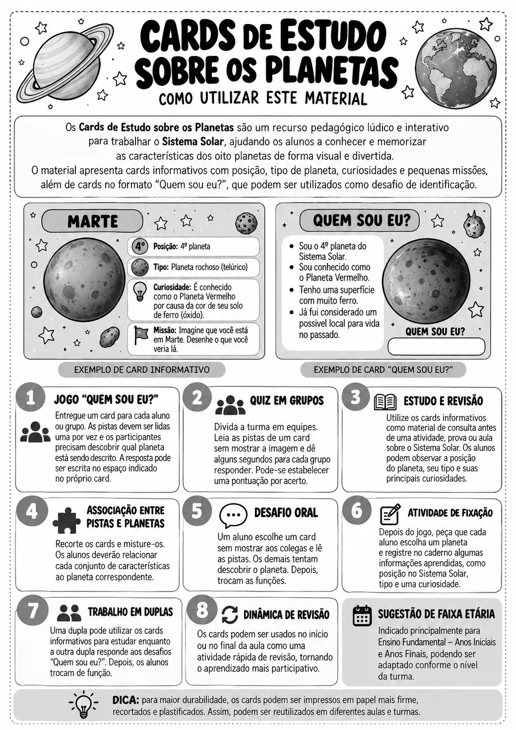 Cards de Estudo sobre os Planetas – Sistema Solar — amostra 2: Cards educativos sobre os planetas do Sistema Solar, com…