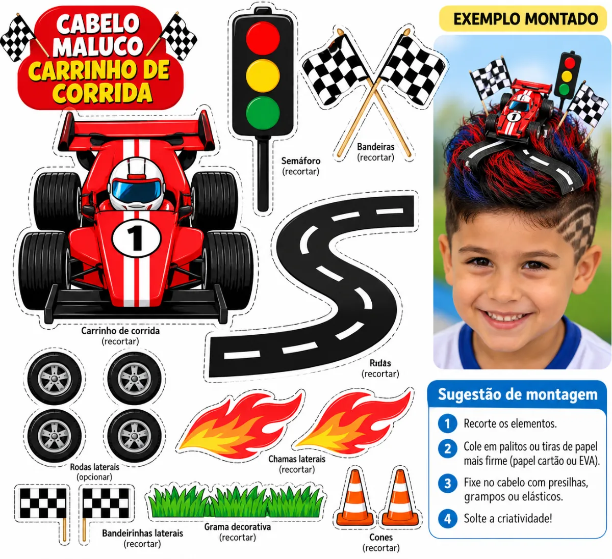 Carrinho de Corrida Cabelo Maluco — amostra 2: Uma ideia divertida e criativa para transformar o cabelo das crianças em uma…